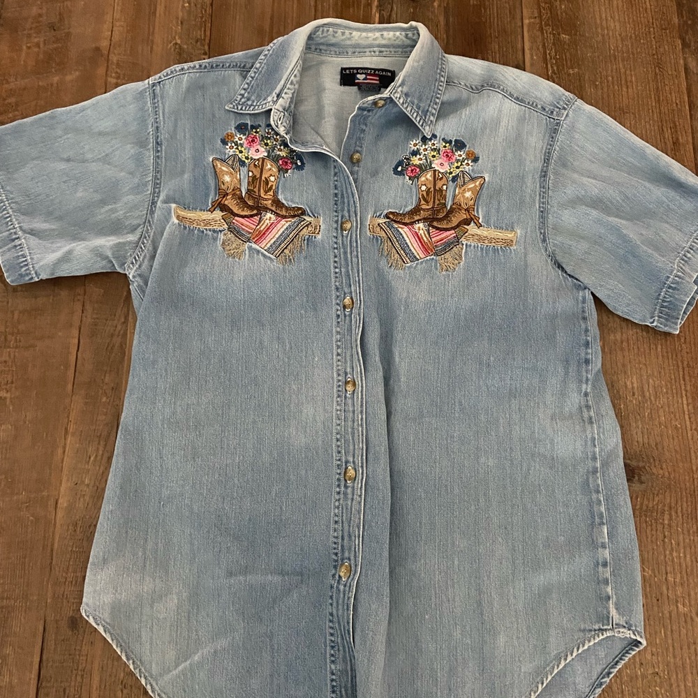 Soft Denim Button Down Shirt Texas Boots Bluebonnets Cotton Cowboy‎ Western Top